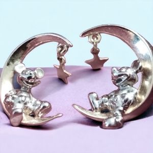 Sterling silver plated Mickey mouse on the moon with dangling star earri…